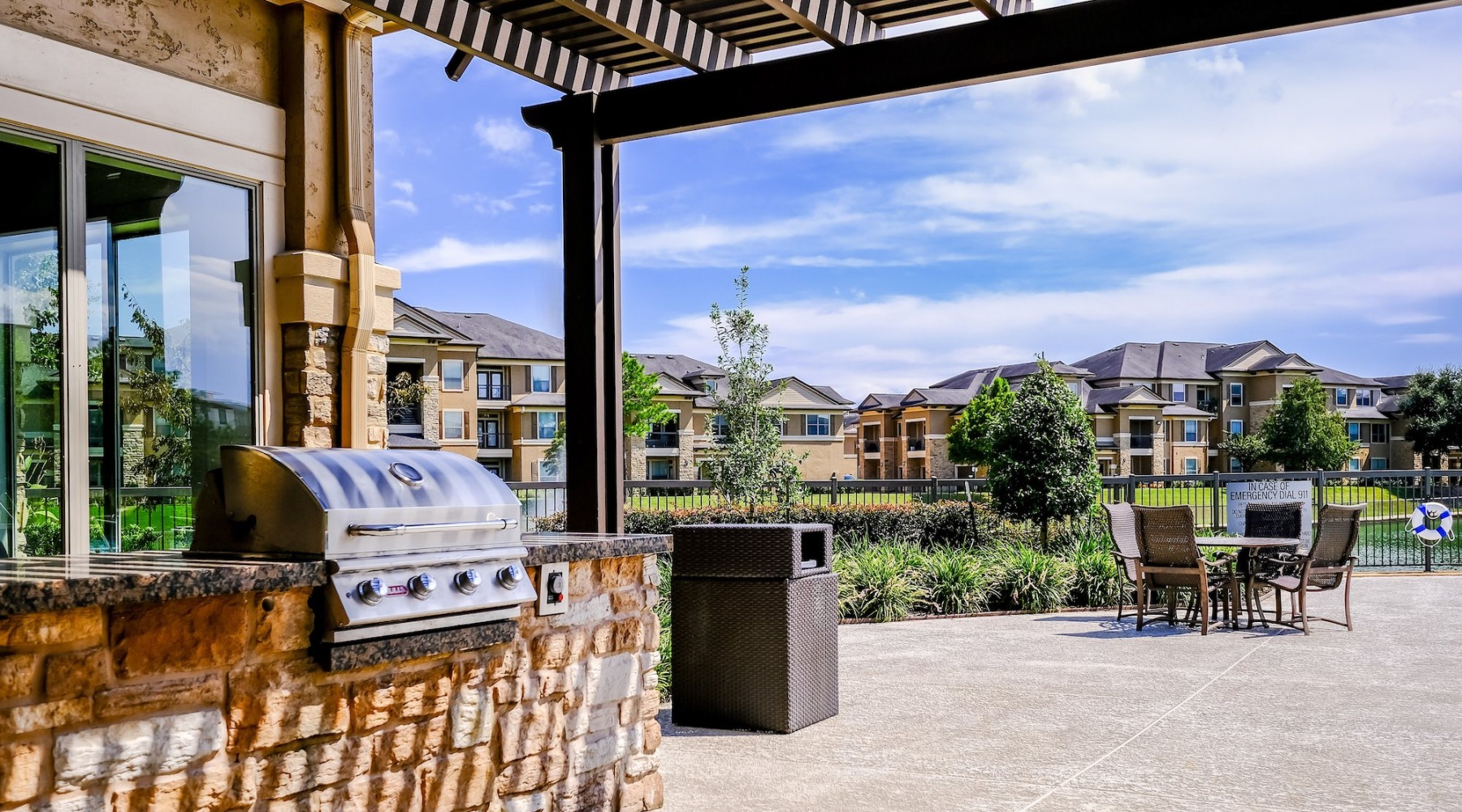 grilling area with seating close by